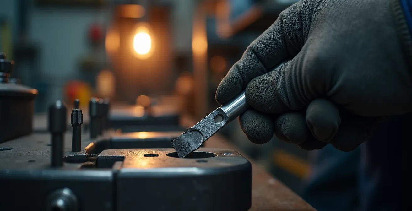 Détail d'une arête de coupe montrant les signes d'usure du revêtement TiAlN