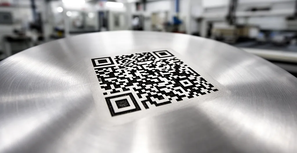 Détail d'un code DataMatrix gravé au laser sur surface en acier inoxydable poli
