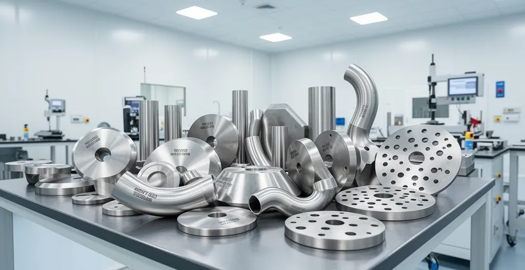 Ensemble de pièces métalliques en inox avec marquages laser visibles sur table de contrôle qualité