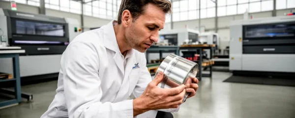 Technicien inspectant visuellement une pièce métallique avec marquage laser dans un atelier industriel