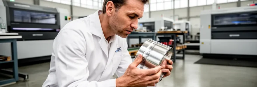 Technicien inspectant visuellement une pièce métallique avec marquage laser dans un atelier industriel