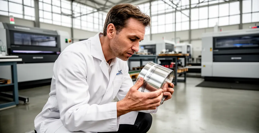 Technicien inspectant visuellement une pièce métallique avec marquage laser dans un atelier industriel