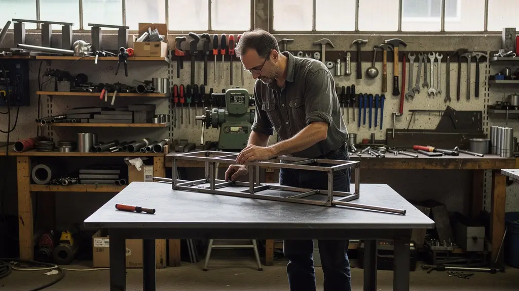 Vue d'ensemble atelier artisanal avec table de soudure au centre de l'espace de travail