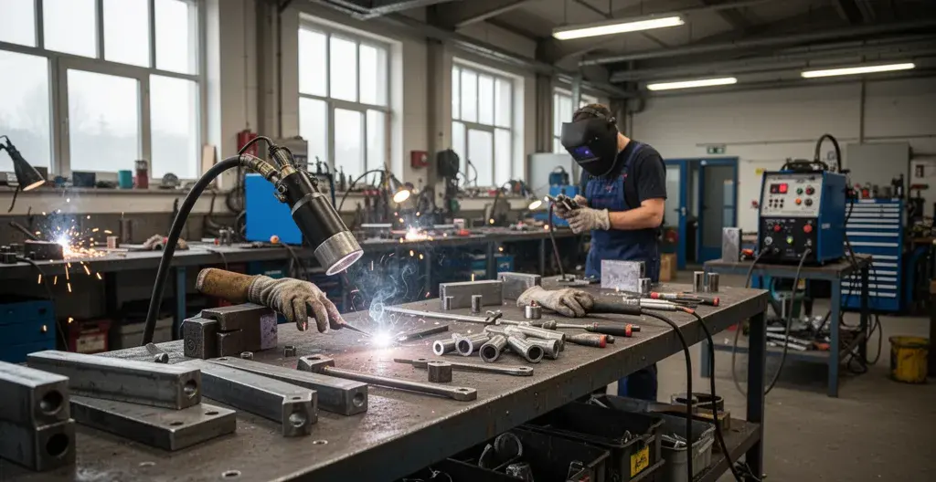 Atelier métallurgie professionnel avec équipements de soudage STAHLWERK organisés sur établis