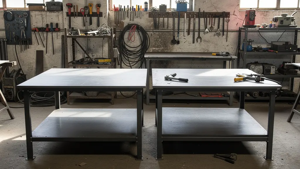 Deux tables de soudure de gabarits différents côte à côte montrant différence de robustesse