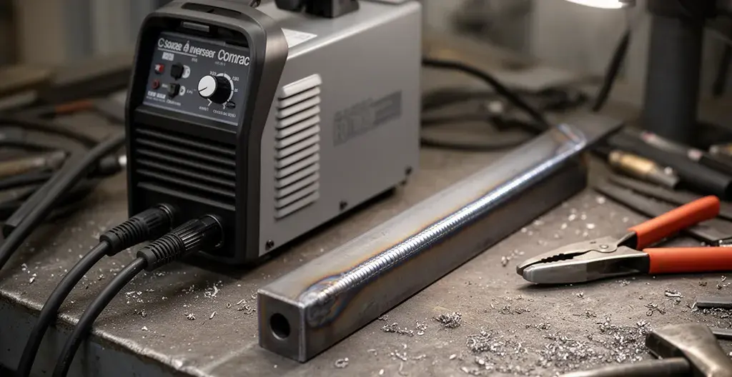 Poste à souder inverter compact posé sur établi avec pièce métallique soudée visible