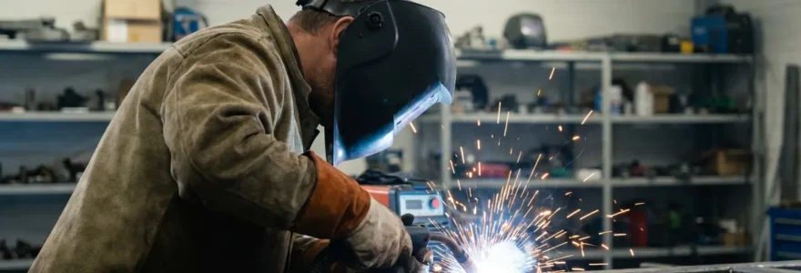Soudeur professionnel européen réalisant une soudure arc sur structure métallique en atelier