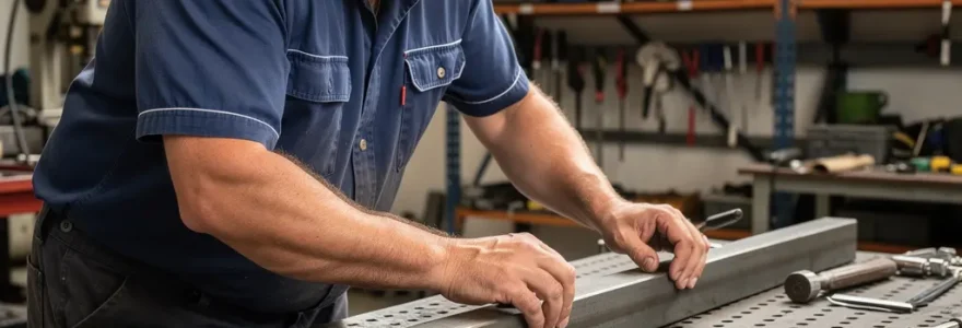 Soudeur positionnant une pièce métallique sur table de soudure perforée dans son atelier