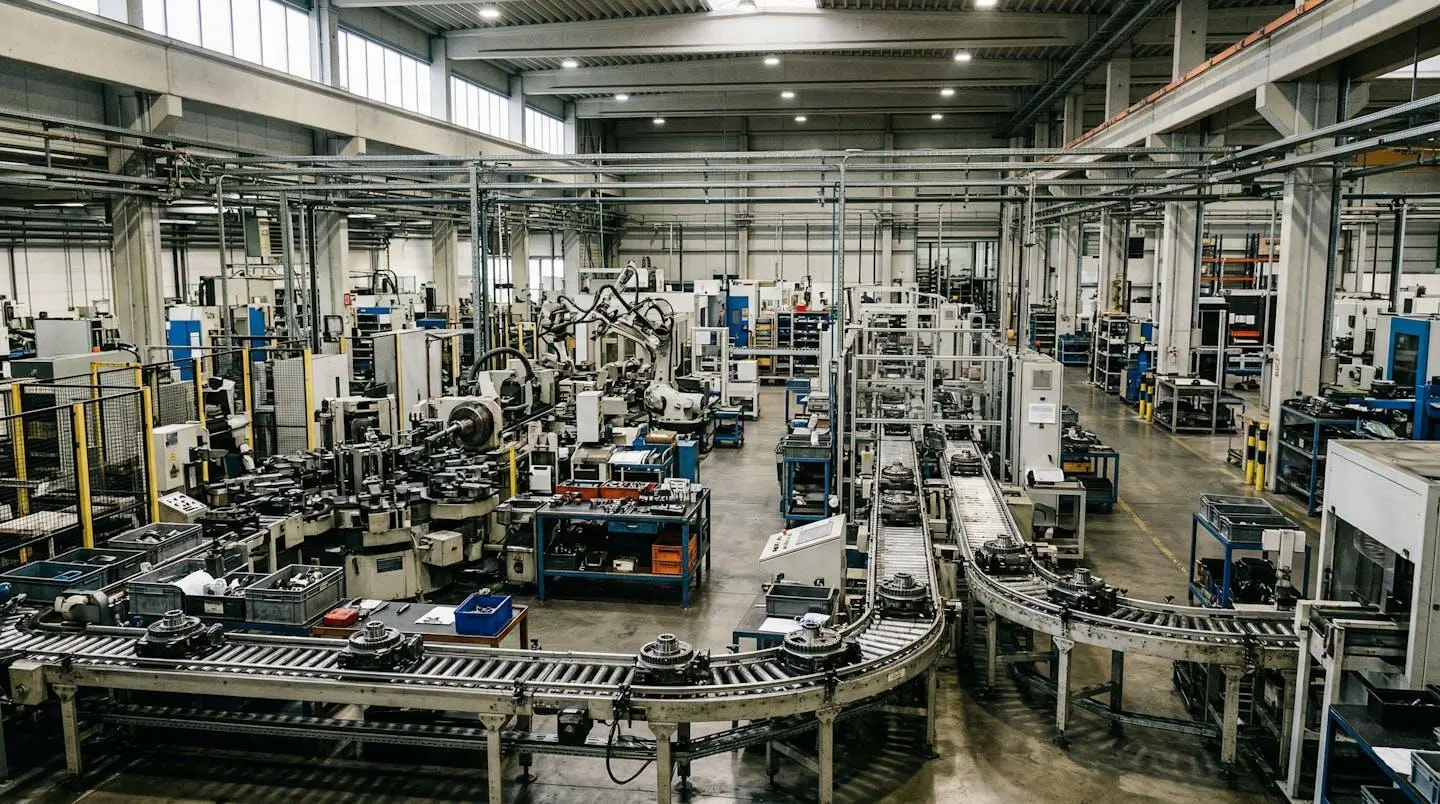 Vue d'atelier industriel avec machines de production en fonctionnement