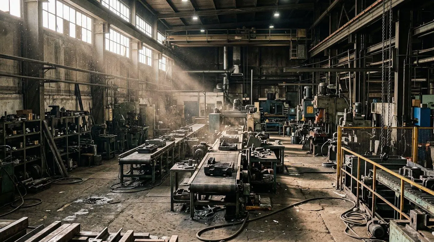 Atelier industriel avec poussières en suspension dans la lumière