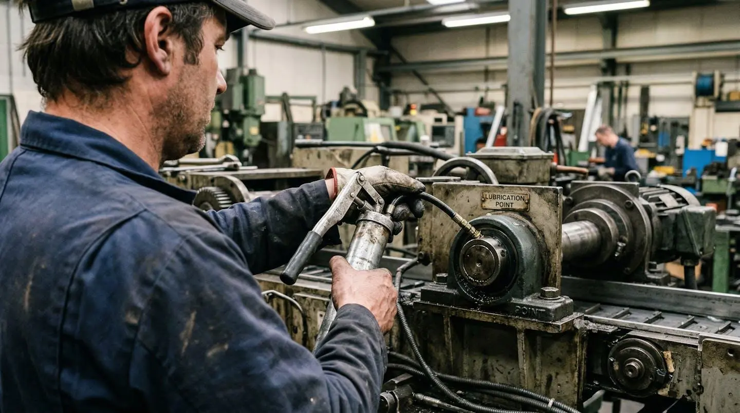 Technicien effectuant le regraissage d'un palier avec pompe à graisse