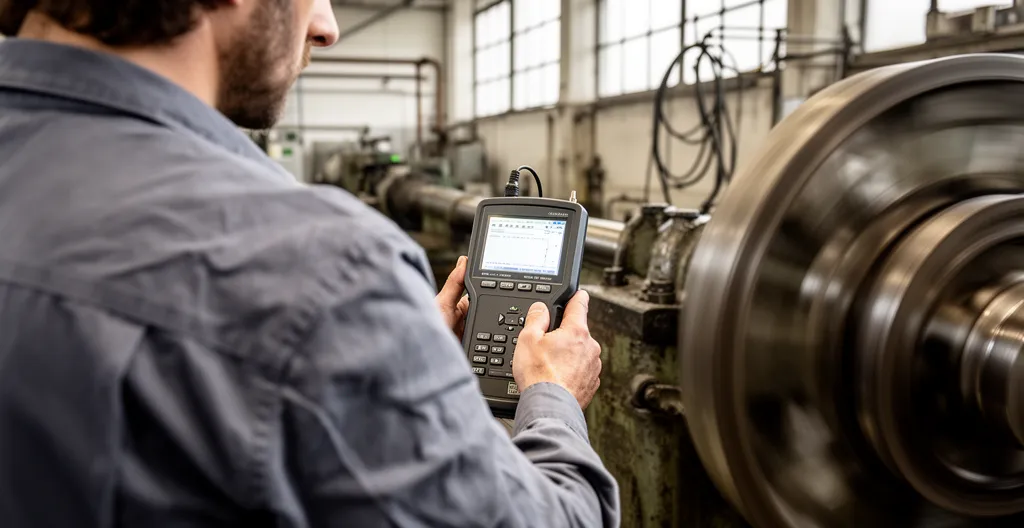 Technicien utilisant appareil de mesure vibratoire sur palier machine