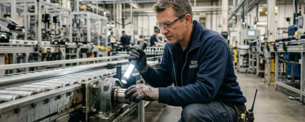 Technicien maintenance inspectant un palier industriel sur convoyeur