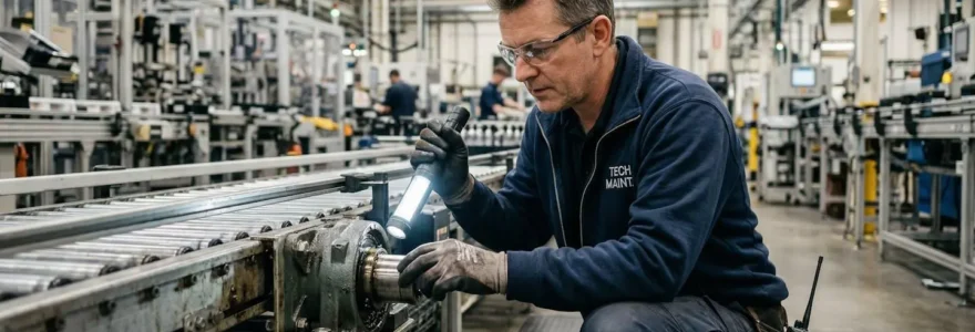 Technicien maintenance inspectant un palier industriel sur convoyeur