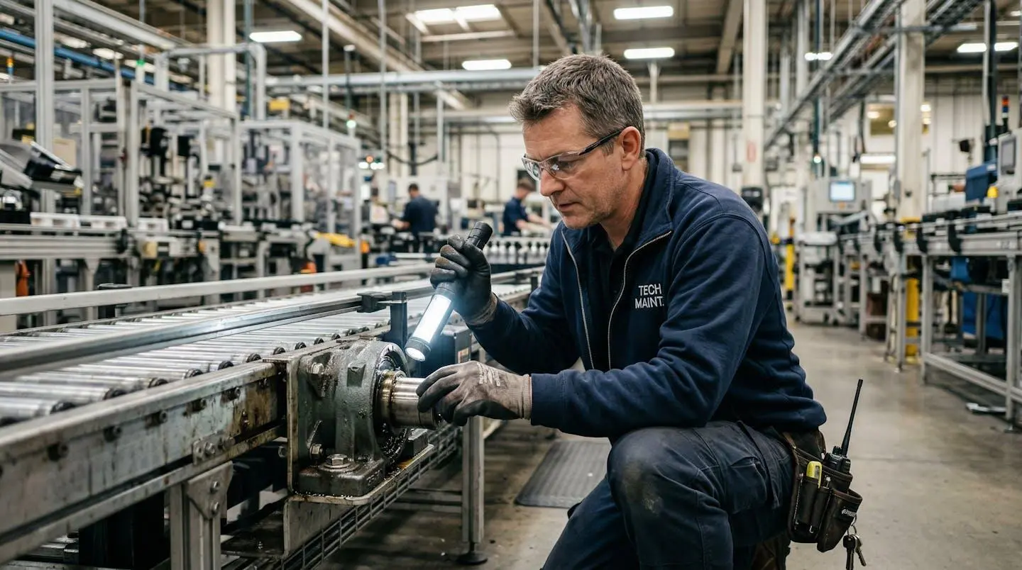 Technicien maintenance inspectant un palier industriel sur convoyeur