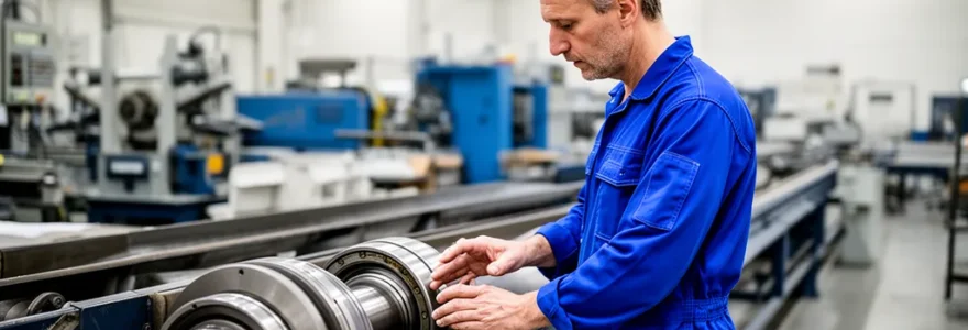 Technicien maintenance inspectant un palier sur convoyeur industriel