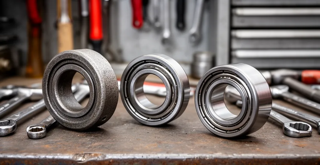 Trois paliers industriels différents alignés sur établi métallique