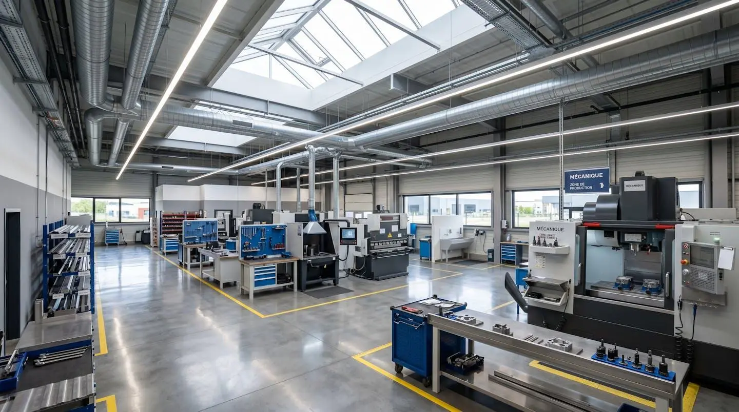 Atelier de métallurgie moderne vide et bien organisé avec conduites d'extraction d'air apparentes, éclairage industriel LED et sol propre