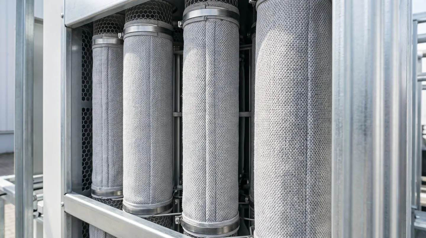 Gros plan détaillé sur les manches filtrantes verticales d'un système de filtration industriel moderne, avec texture du média filtrant visible