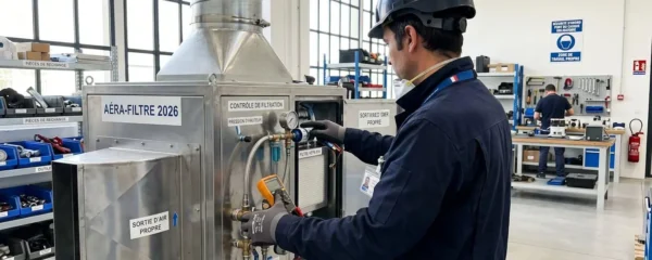 Opérateur industriel vu de dos inspectant un système de filtration d'air moderne dans un atelier lumineux et bien organisé