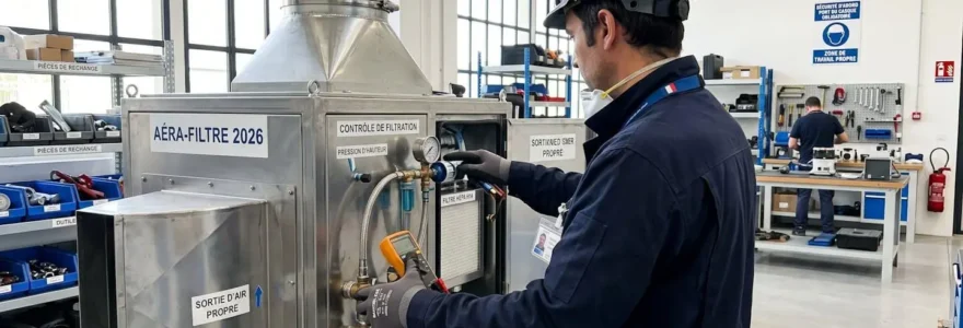 Opérateur industriel vu de dos inspectant un système de filtration d'air moderne dans un atelier lumineux et bien organisé