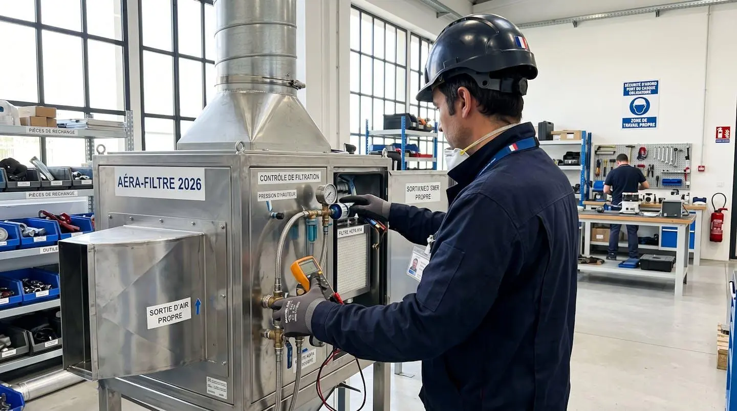 Opérateur industriel vu de dos inspectant un système de filtration d'air moderne dans un atelier lumineux et bien organisé