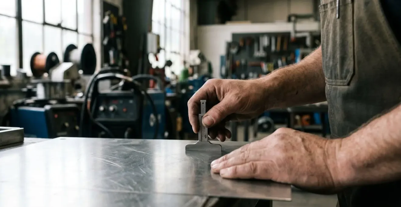Mains d'un tôlier professionnel travaillant sur une pièce métallique dans un atelier de métallerie