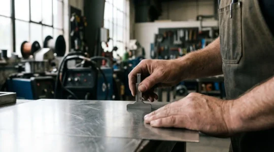 Mains d'un tôlier professionnel travaillant sur une pièce métallique dans un atelier de métallerie