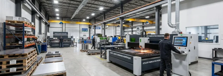 Vue grand angle d'un atelier de tôlerie moderne avec machine de découpe laser, stacks de tôles métalliques au sol et éclairage industriel