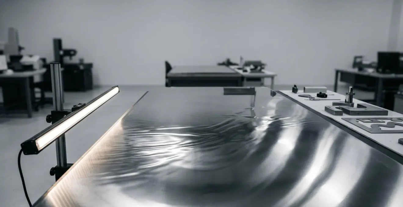 Technique d'inspection par lumière rasante révélant les micro-déformations sur une surface métallique polie