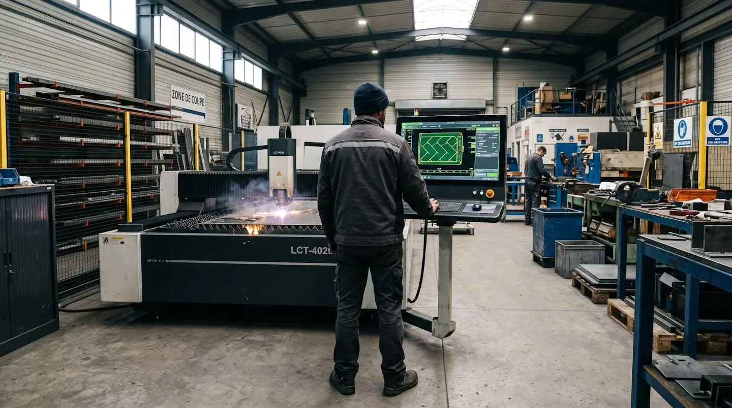 Opérateur de dos surveillant un écran de contrôle de découpe laser montrant le tracé de coupe en temps réel dans un atelier métallique