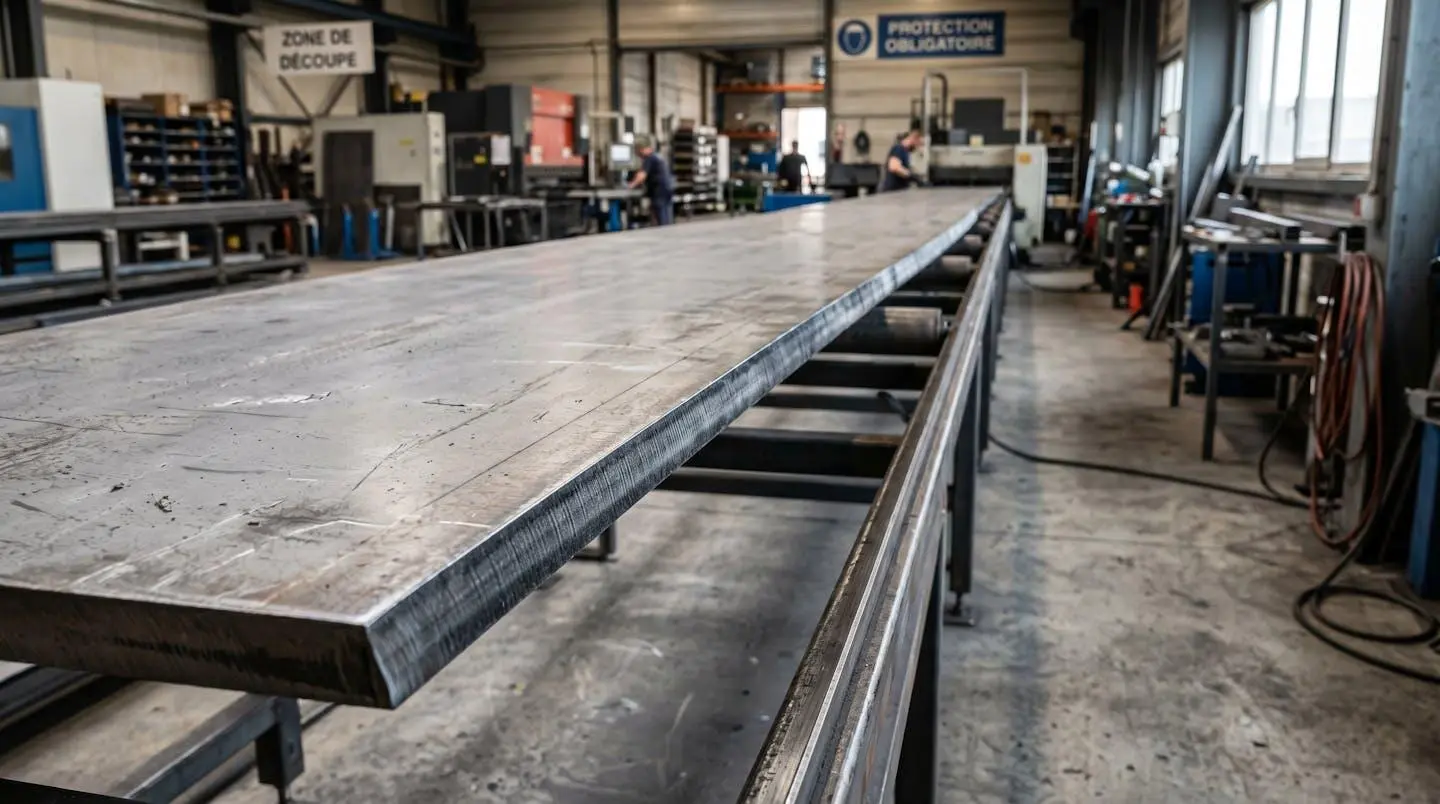 Gros plan d'une longue pièce métallique découpée au laser dont la longueur s'étend en arrière-plan, montrant la précision de découpe sur toute la dimension
