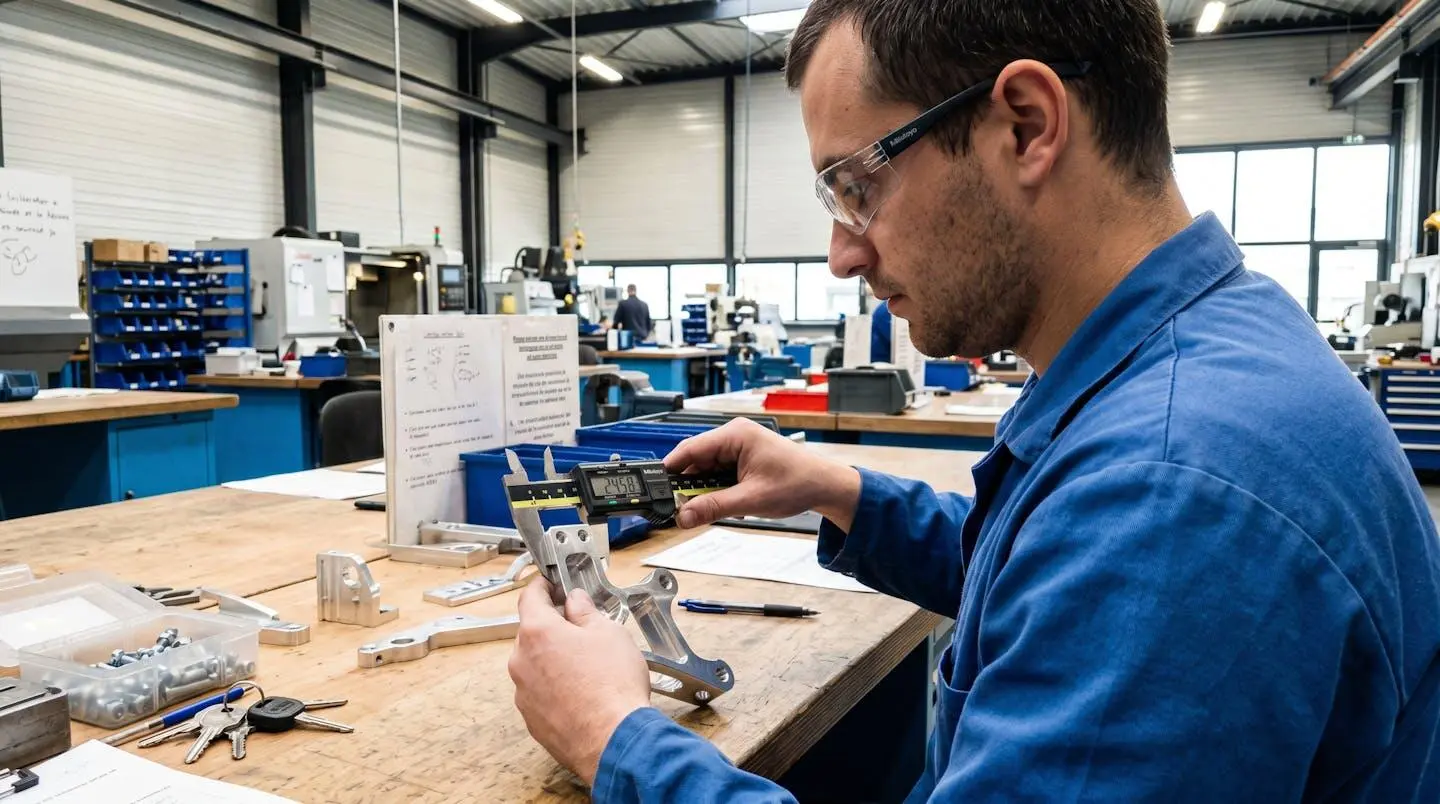 Technicien contrôle qualité de profil utilisant un pied à coulisse numérique pour mesurer une pièce métallique découpée sur table d'inspection