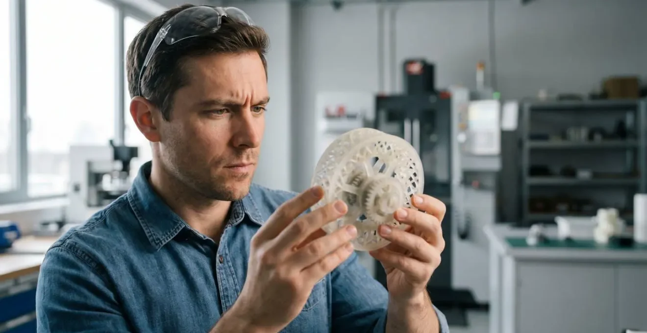 Ingénieur examinant un prototype complexe fraîchement imprimé en 3D dans un atelier de fabrication additive moderne