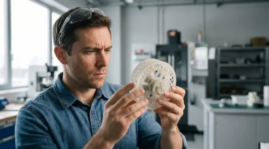 Ingénieur examinant un prototype complexe fraîchement imprimé en 3D dans un atelier de fabrication additive moderne