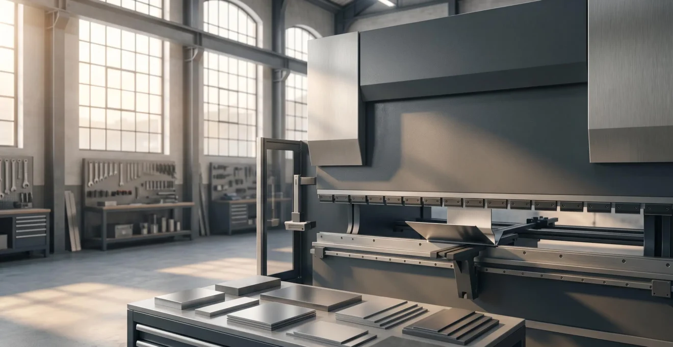 Atelier de tôlerie industrielle avec presse plieuse moderne et tôles métalliques de différentes épaisseurs