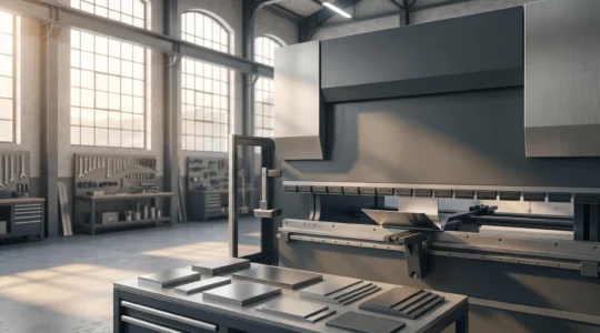 Atelier de tôlerie industrielle avec presse plieuse moderne et tôles métalliques de différentes épaisseurs