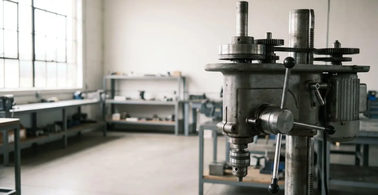 Tête de perçage industrielle avec broche verticale, détails mécaniques visibles et positionnement haute précision