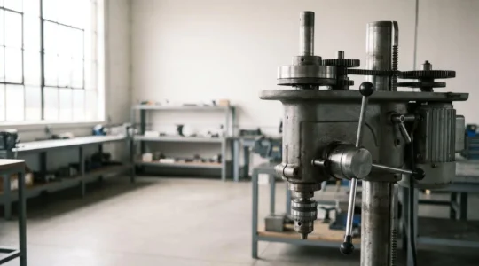 Tête de perçage industrielle avec broche verticale, détails mécaniques visibles et positionnement haute précision