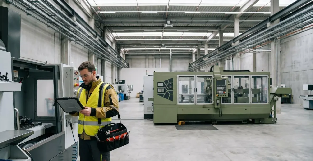Technicien en tenue de travail effectuant une intervention de maintenance sur une machine industrielle dans un atelier moderne