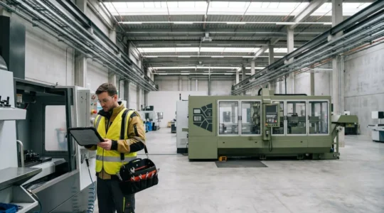 Technicien en tenue de travail effectuant une intervention de maintenance sur une machine industrielle dans un atelier moderne