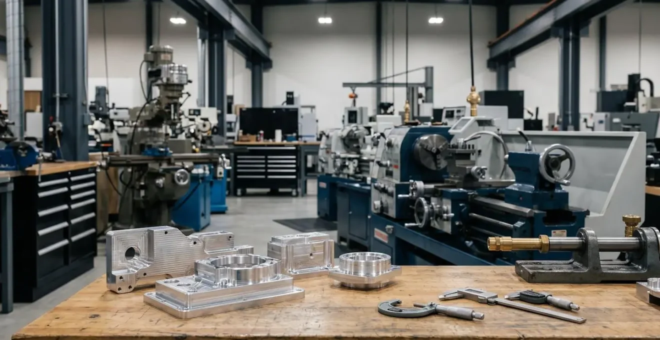 Vue d'ensemble d'un atelier moderne d'usinage avec machines CNC et conventionnelles côte à côte