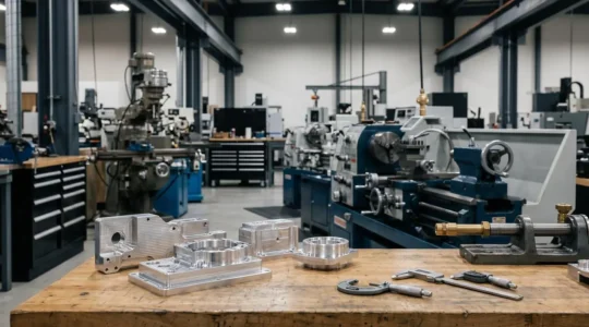 Vue d'ensemble d'un atelier moderne d'usinage avec machines CNC et conventionnelles côte à côte