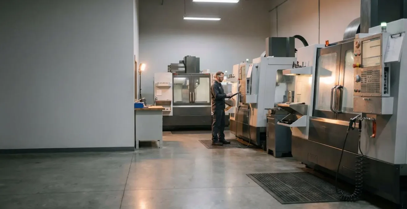 Atelier d'usinage moderne avec machines CNC de précision et opérateur spécialisé