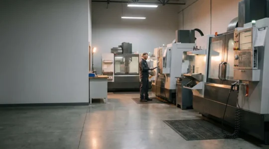 Atelier d'usinage moderne avec machines CNC de précision et opérateur spécialisé