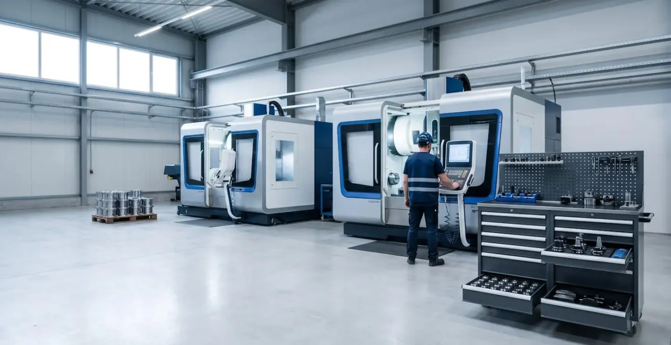 Atelier d'usinage industriel équipé de machines-outils CNC avec systèmes de bridage et accessoires de précision disposés de manière organisée