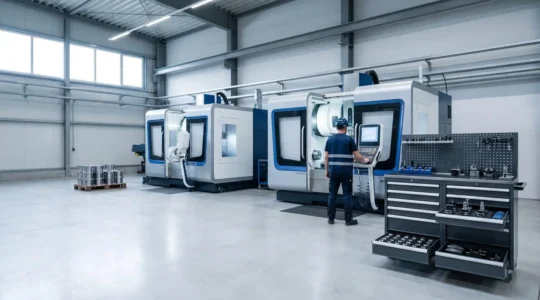 Atelier d'usinage industriel équipé de machines-outils CNC avec systèmes de bridage et accessoires de précision disposés de manière organisée