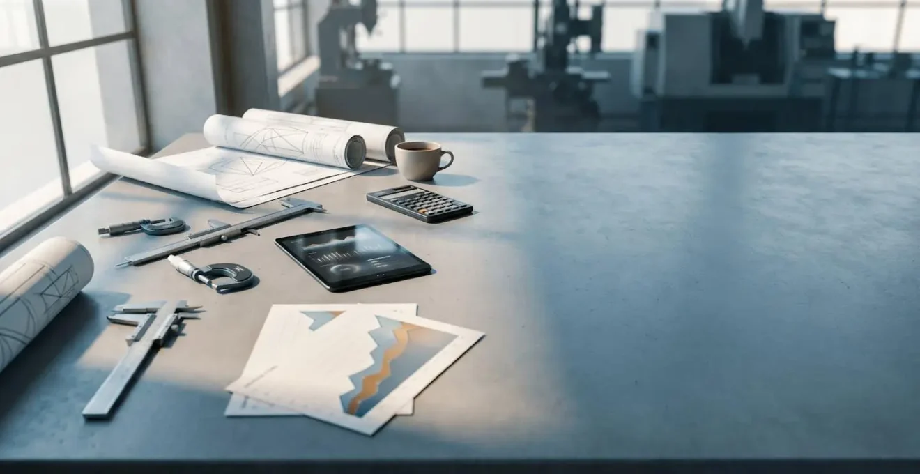Analyse financière d'investissement en équipement industriel avec calculatrice et documents techniques sur bureau moderne