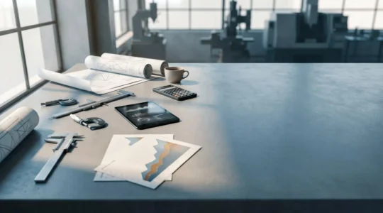 Analyse financière d'investissement en équipement industriel avec calculatrice et documents techniques sur bureau moderne