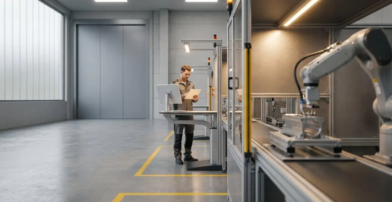Vue d'ensemble d'un atelier de production moderne avec robot industriel et operateur analysant des donnees financieres sur tablette